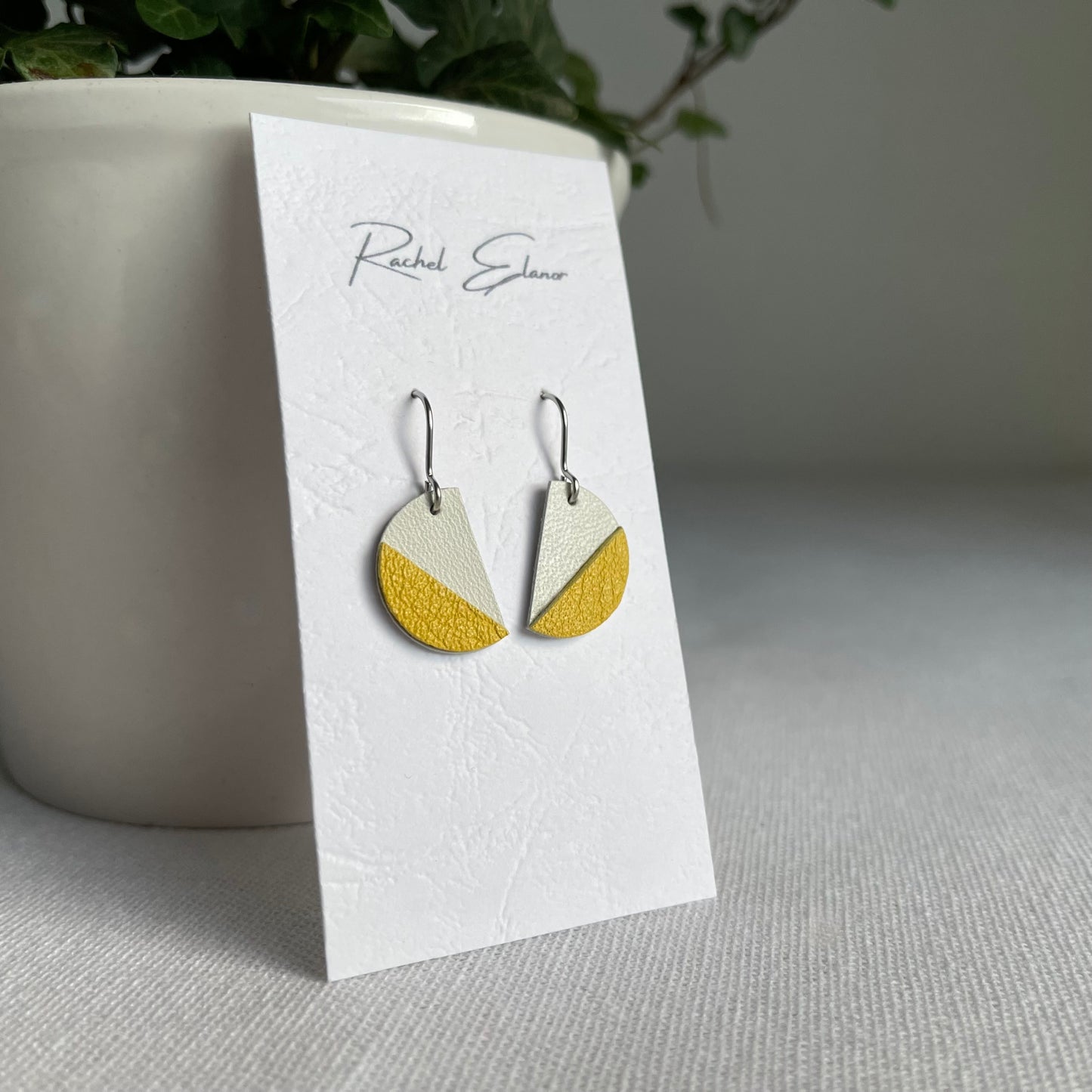 Yellow/White Leather Semi Circle Drop Earrings