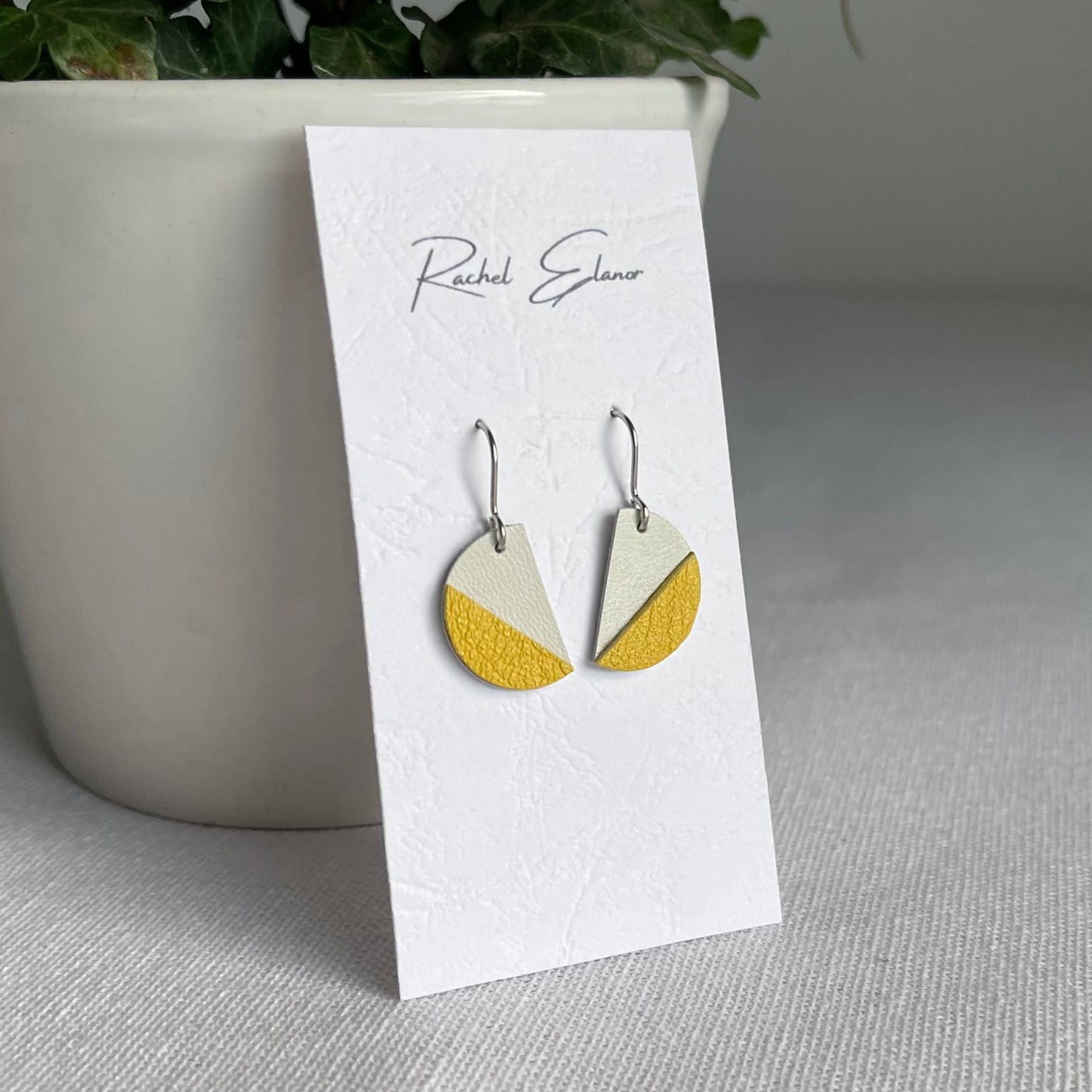 Yellow/White Leather Semi Circle Drop Earrings