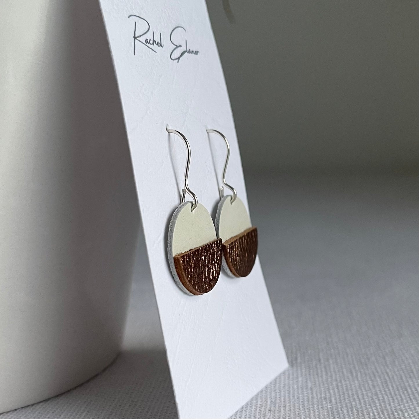Cream/Metallic Bronze Geometric Leather Drop Earrings