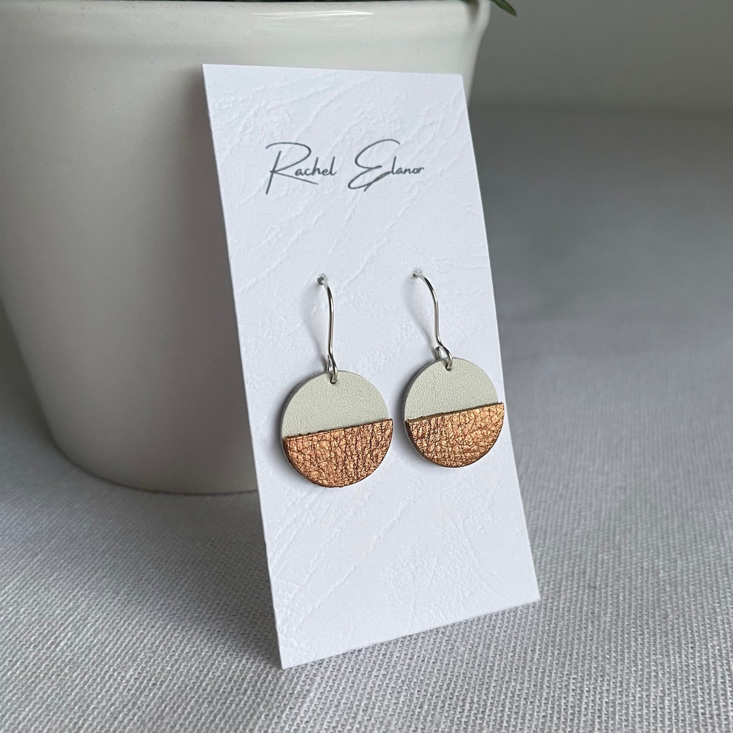 Cream/Metallic Bronze Geometric Leather Drop Earrings