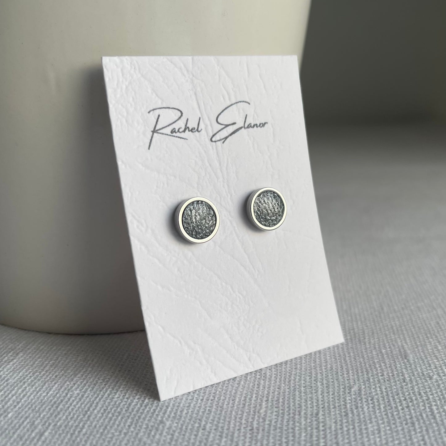 Pearlescent Silver-Blue Leather Stud Earrings