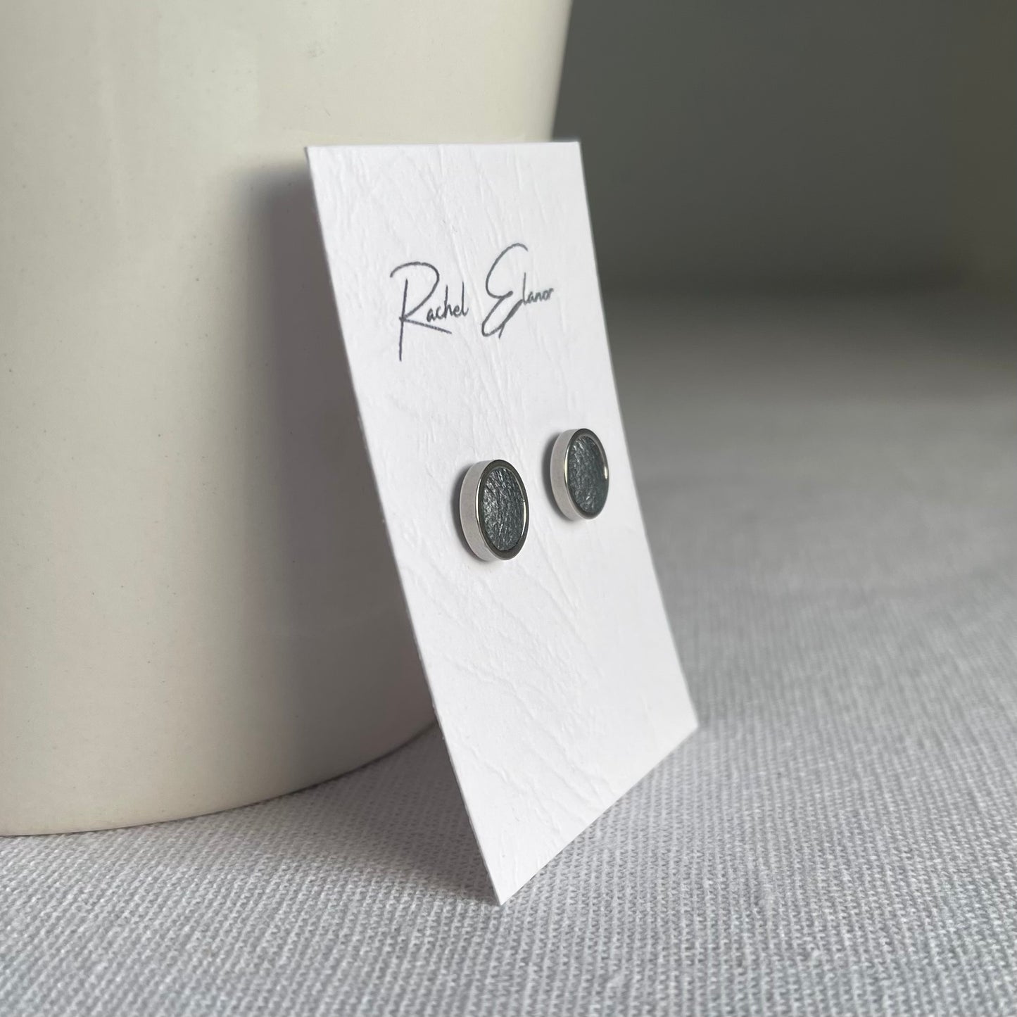 Pearlescent Silver-Blue Leather Stud Earrings