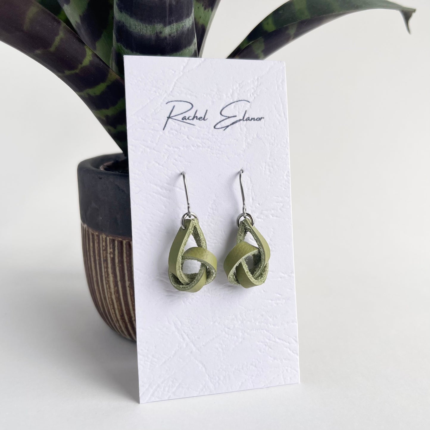 Lime Green Knotted Leather Drop Earrings