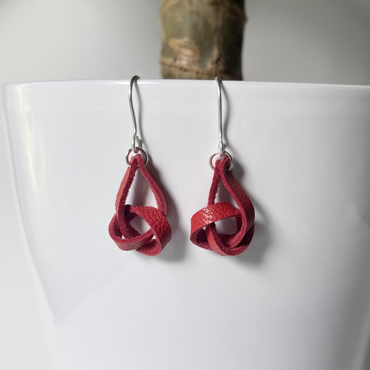 Red Knotted Leather Drop Earrings