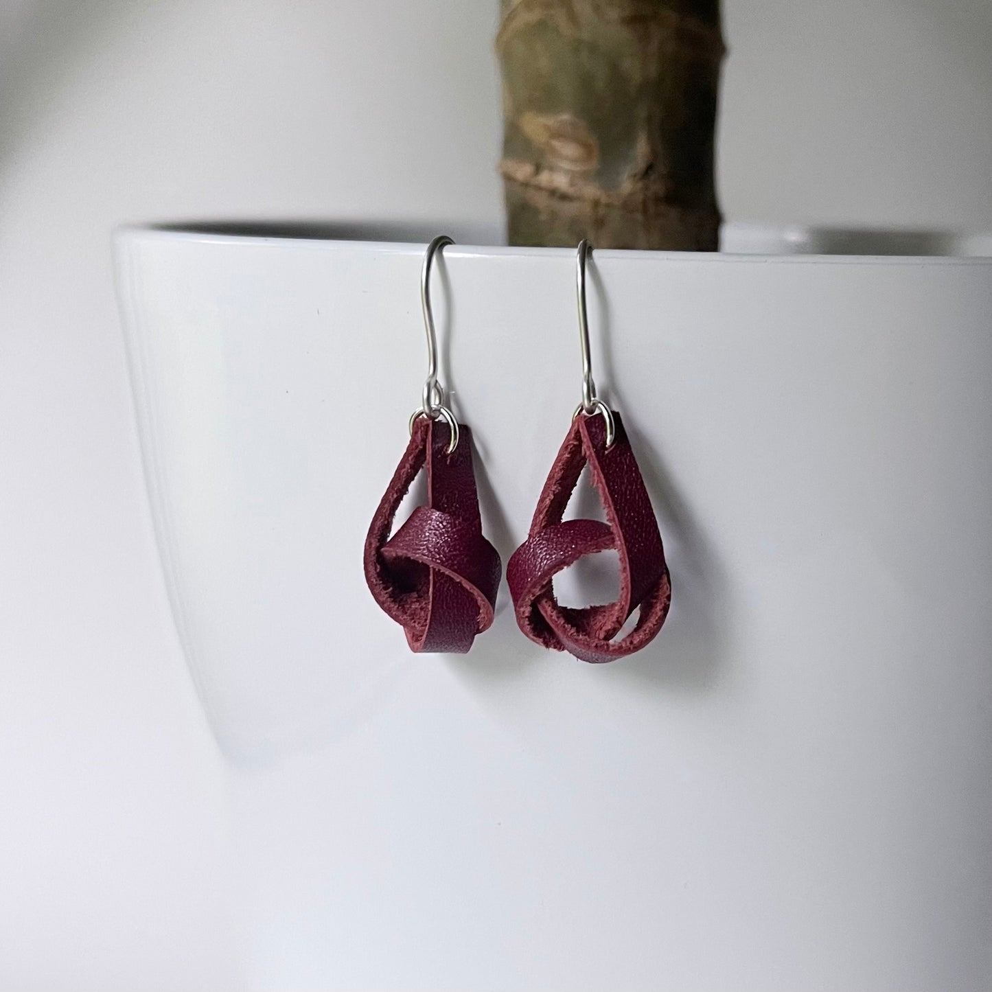 Burgundy Knotted Leather Drop Earrings