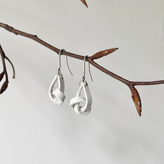 White Knotted Leather Drop Earrings