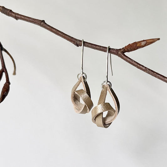 Pearlescent Gold Knotted Leather Drop Earrings