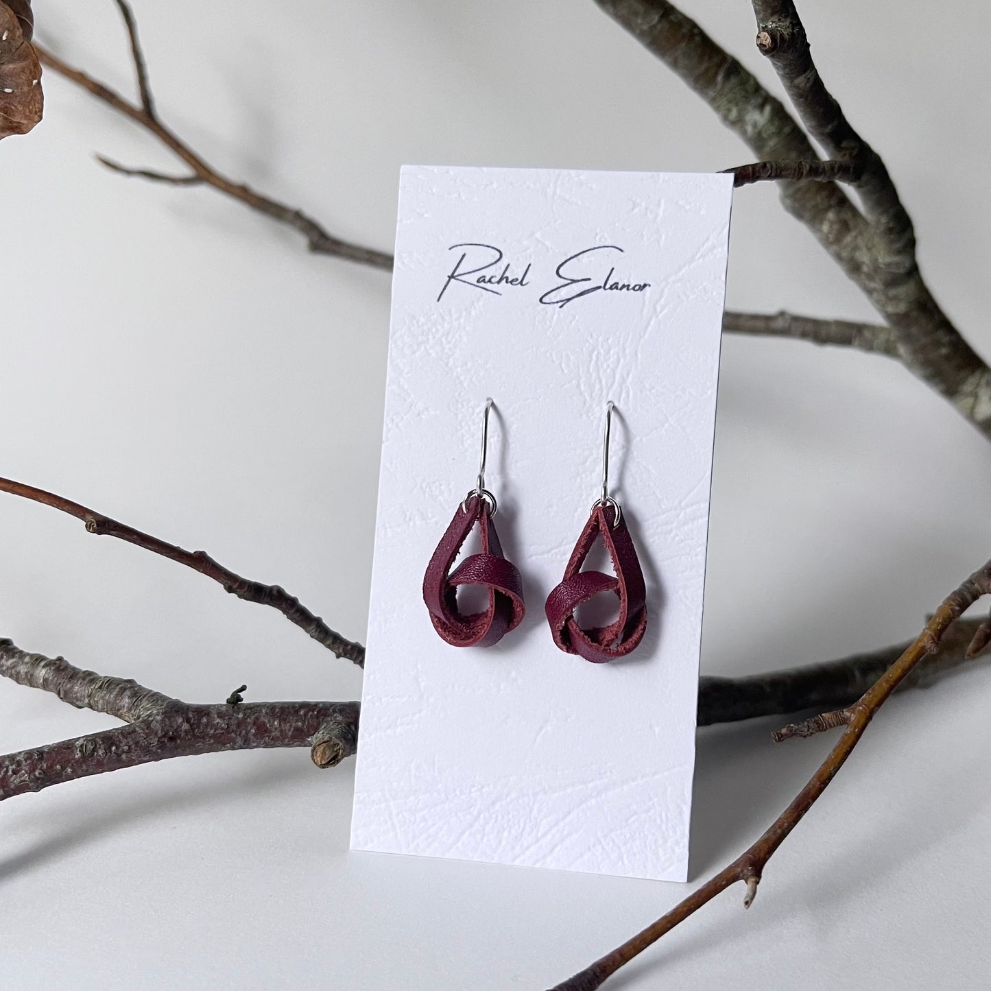 Burgundy Knotted Leather Drop Earrings