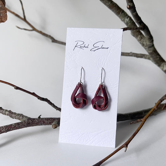 Burgundy Knotted Leather Drop Earrings