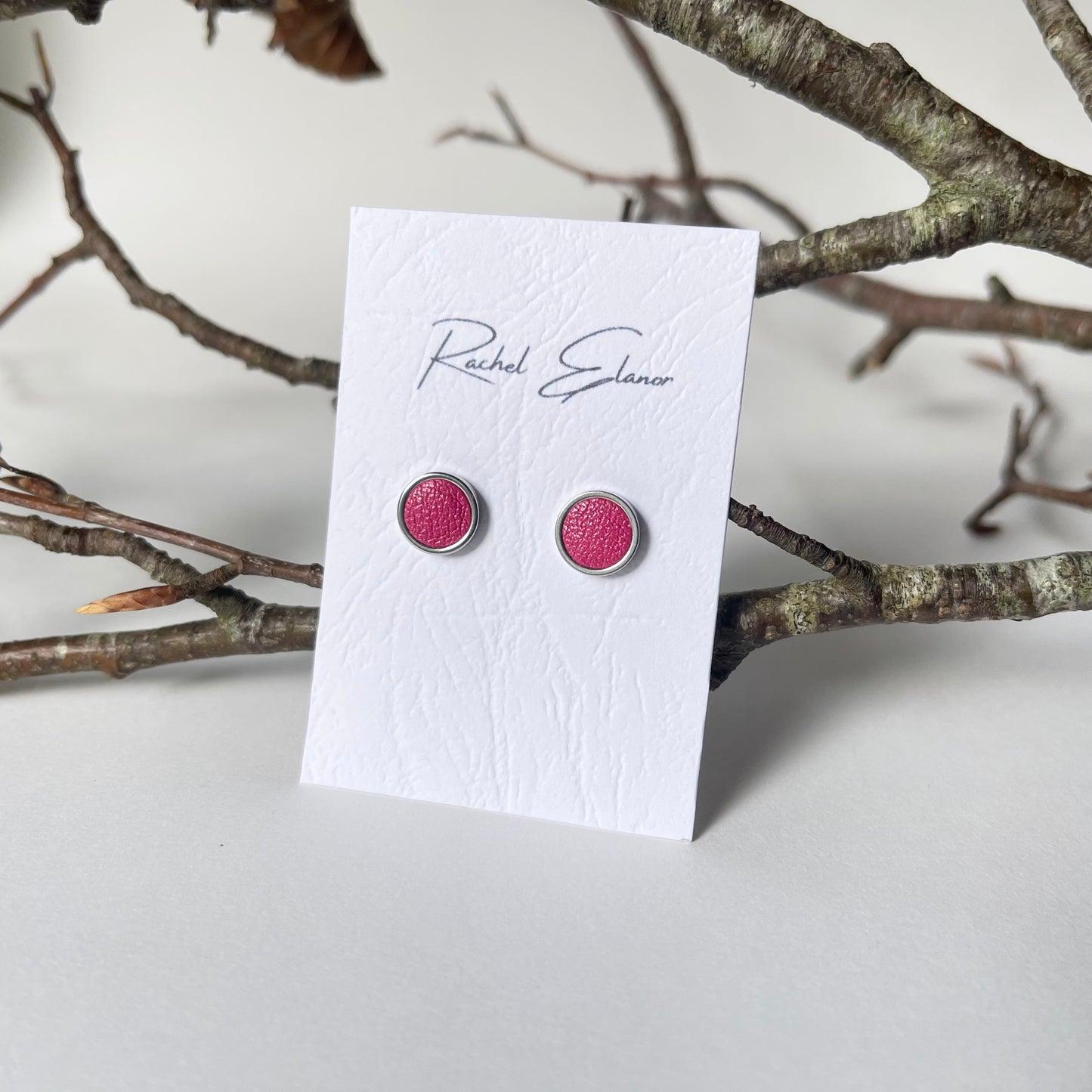 Cerise Pink Leather Stud Earrings