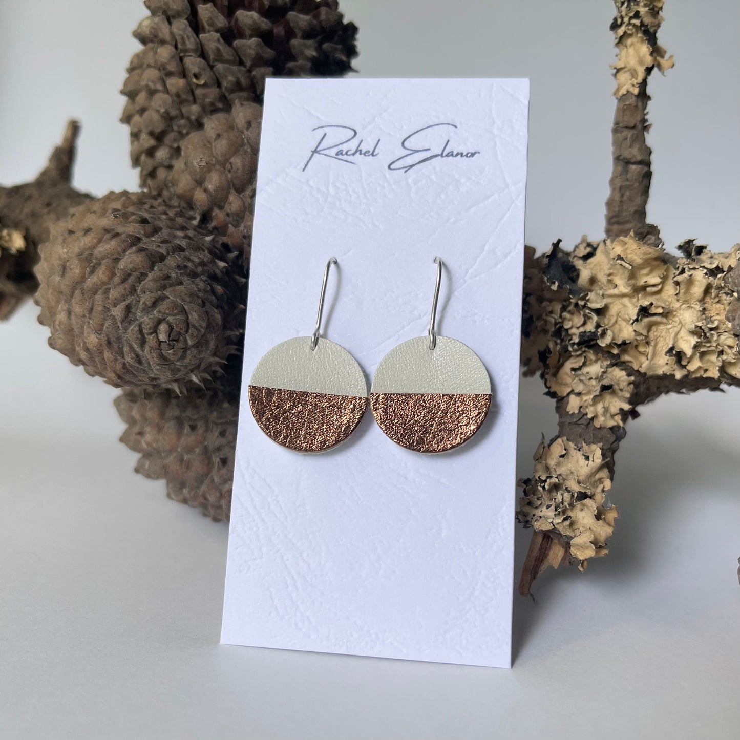 Cream/Metallic Bronze Geometric Leather Drop Earrings
