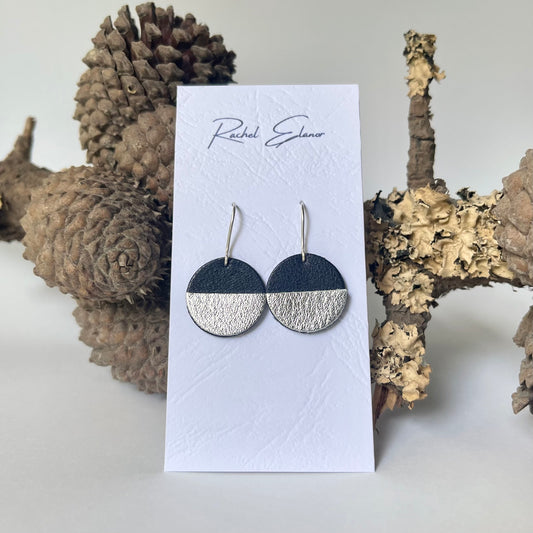 Navy and Silver Circle Leather Earrings