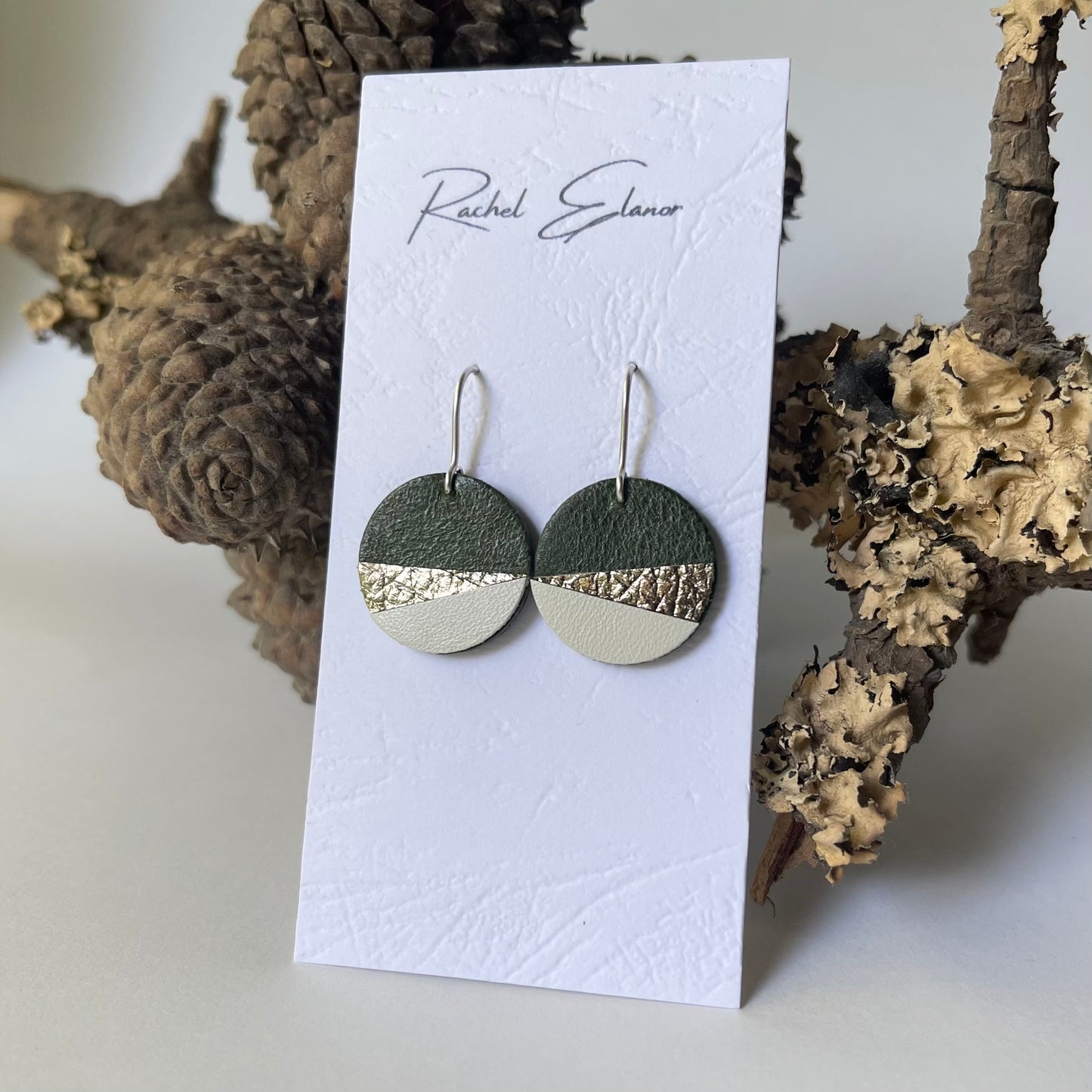 Green/Silver/White Geometric Leather Drop Earrings