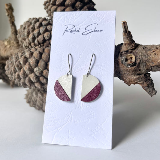 Grape and White Semi Circle Leather Earrings