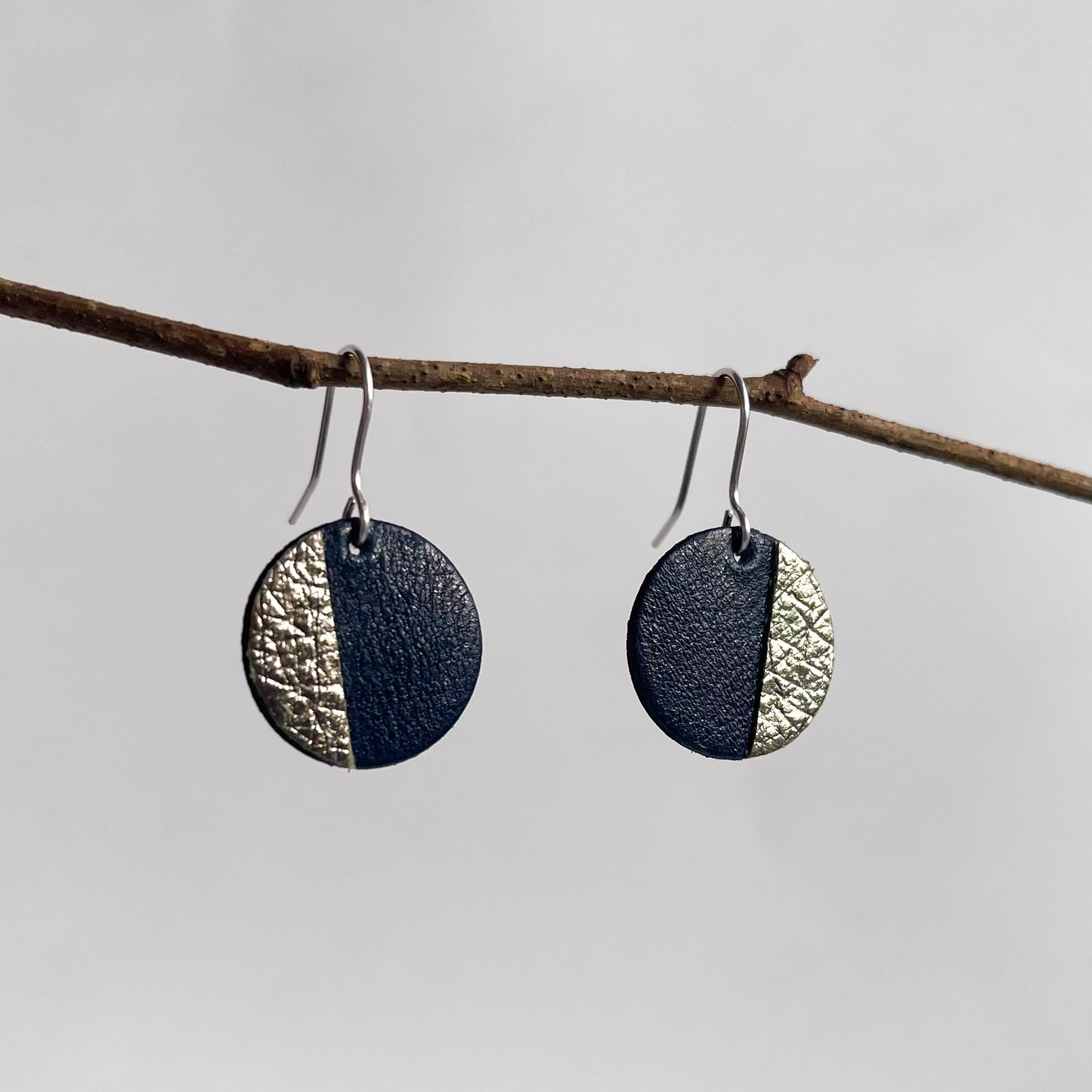 Navy and Pewter Leather Earrings