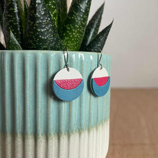 White, Pink and Blue Geometric Leather Earrings