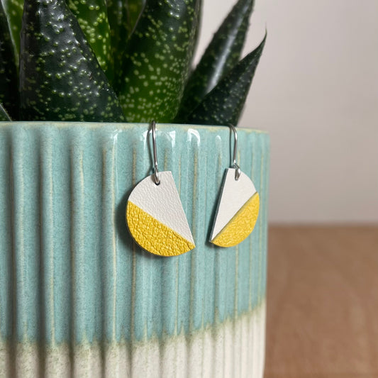 Yellow and White Semi Circle Leather Earrings