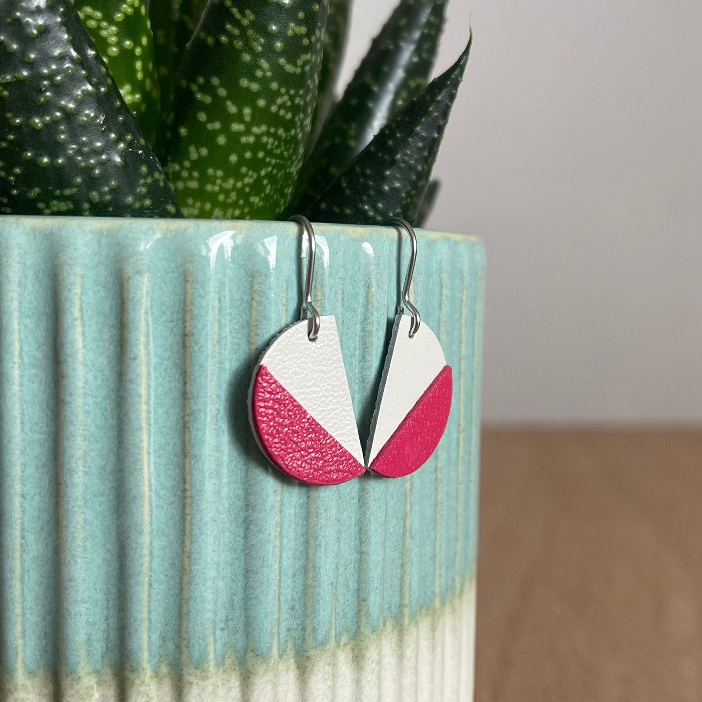 Gold and White Semi Circle Leather Earrings