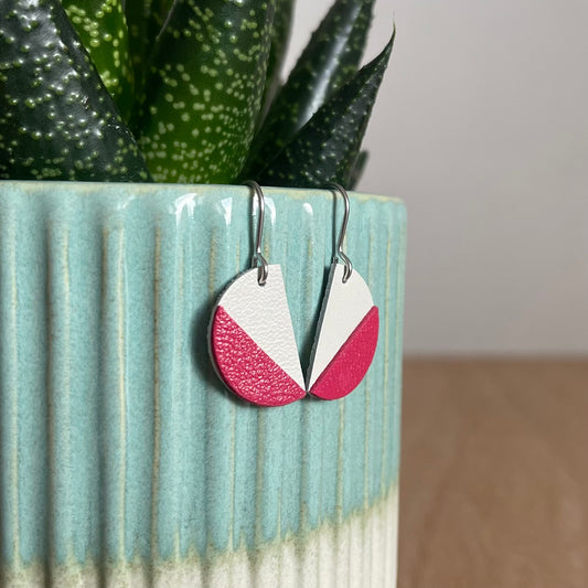 Pink and White Semi Circle Leather Earrings