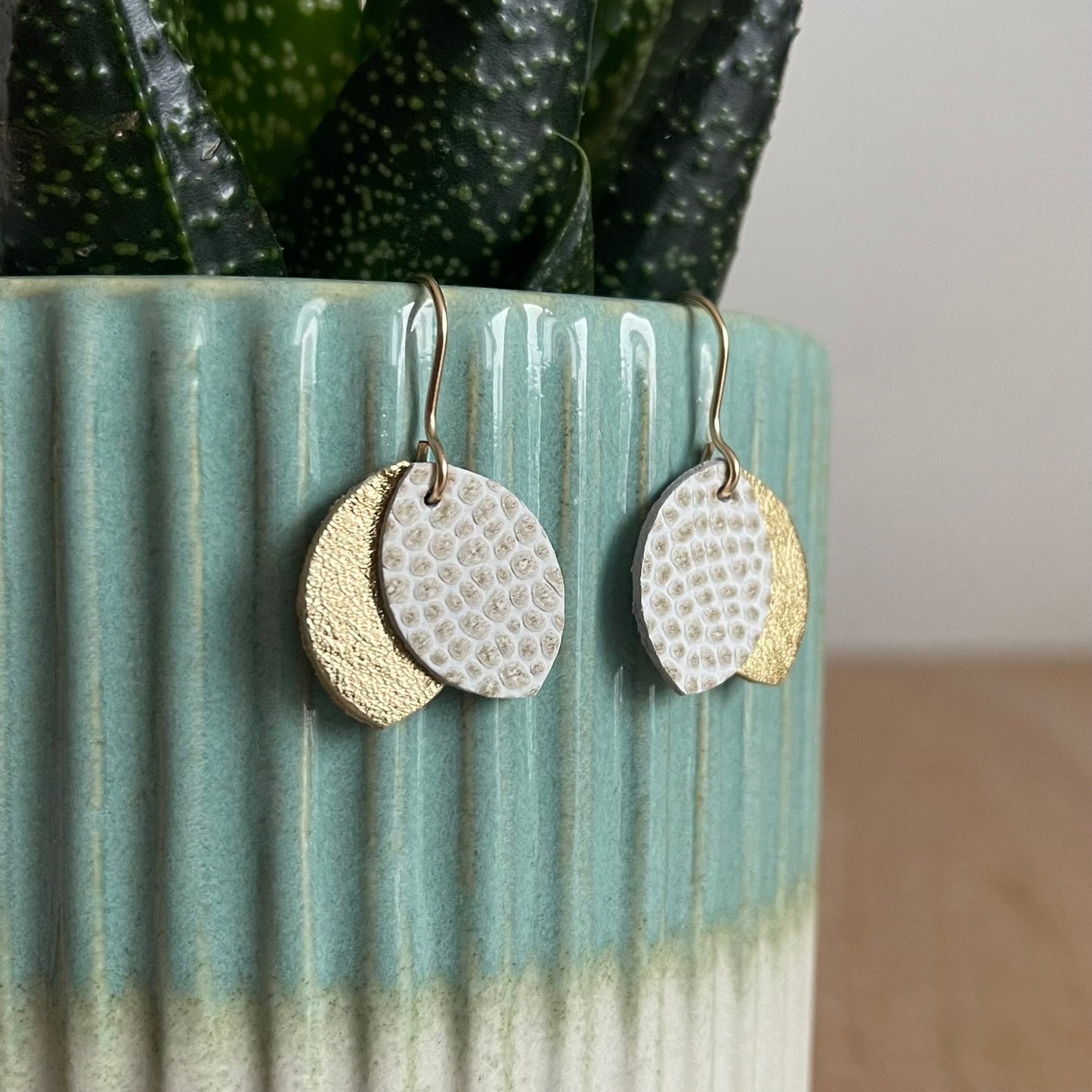 Gold and White Petal Leather Earrings