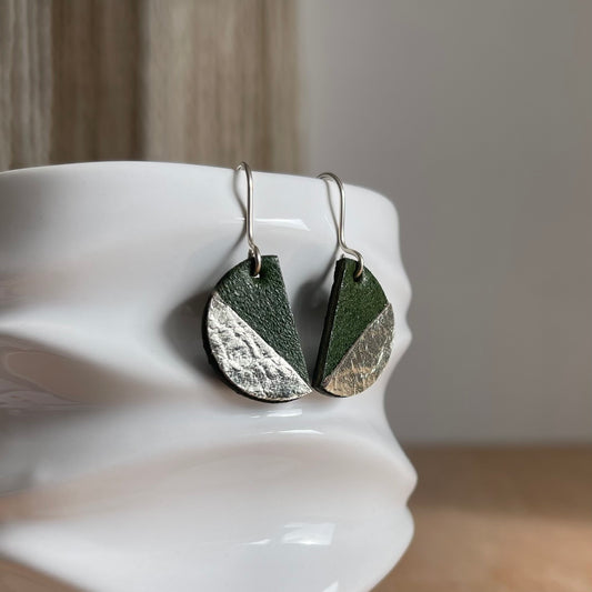 Green and Pewter Semi Circle Leather Earrings