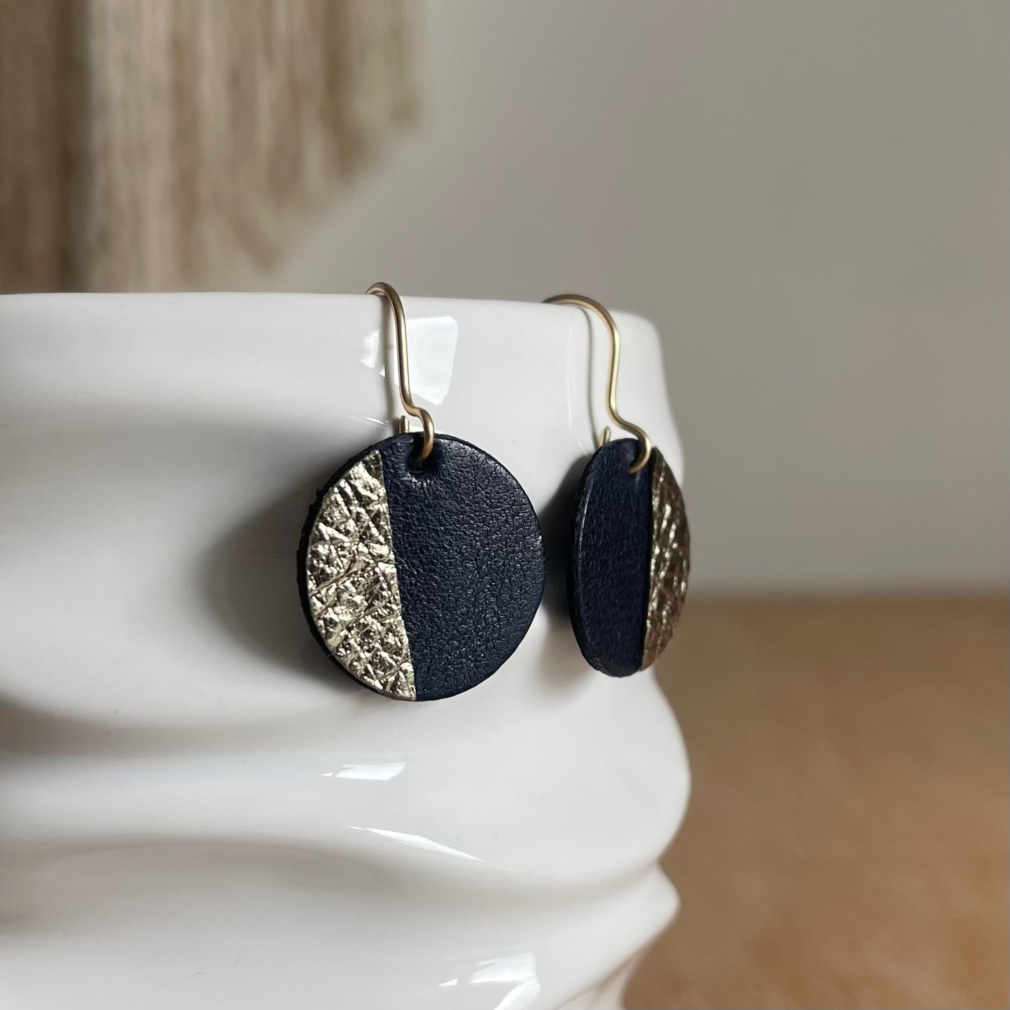 Navy and Pewter Leather Earrings