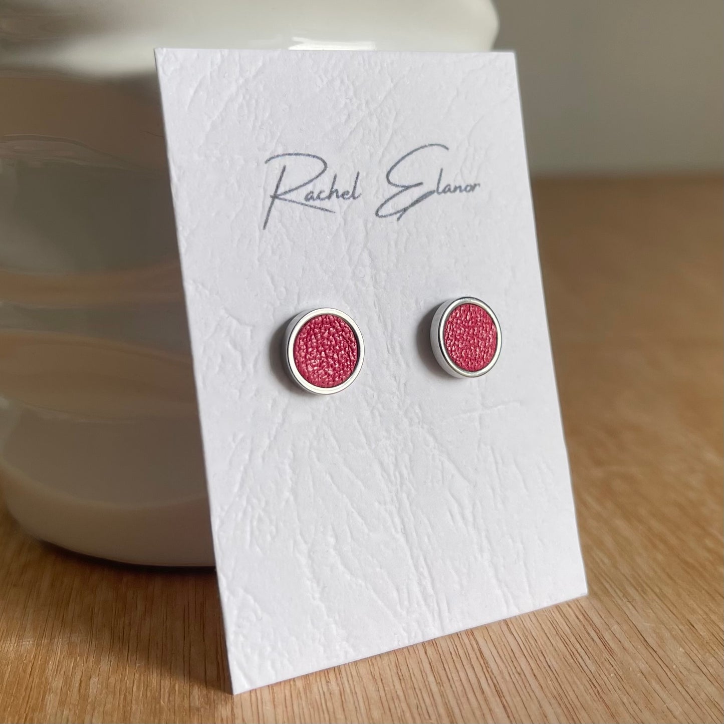 Cerise Pink Leather Stud Earrings