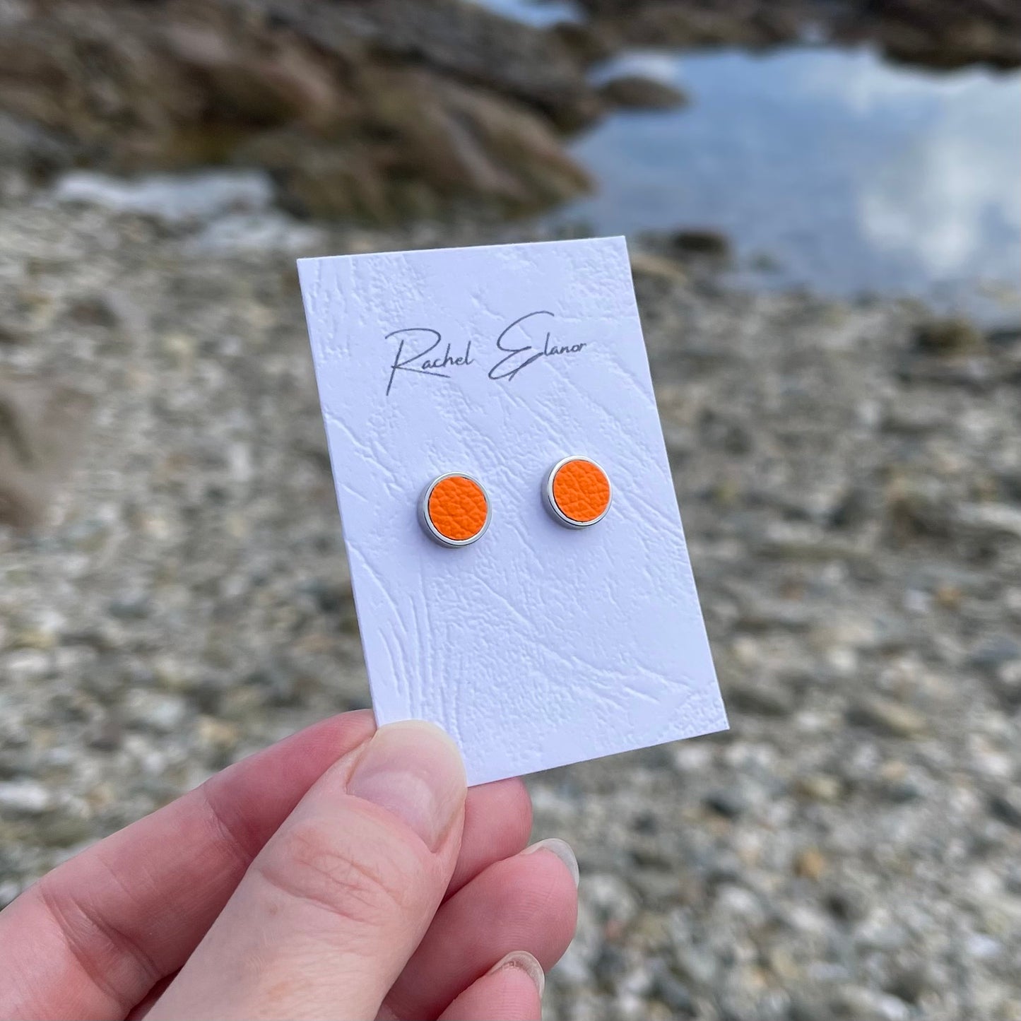 Bright Orange Leather Stud Earrings