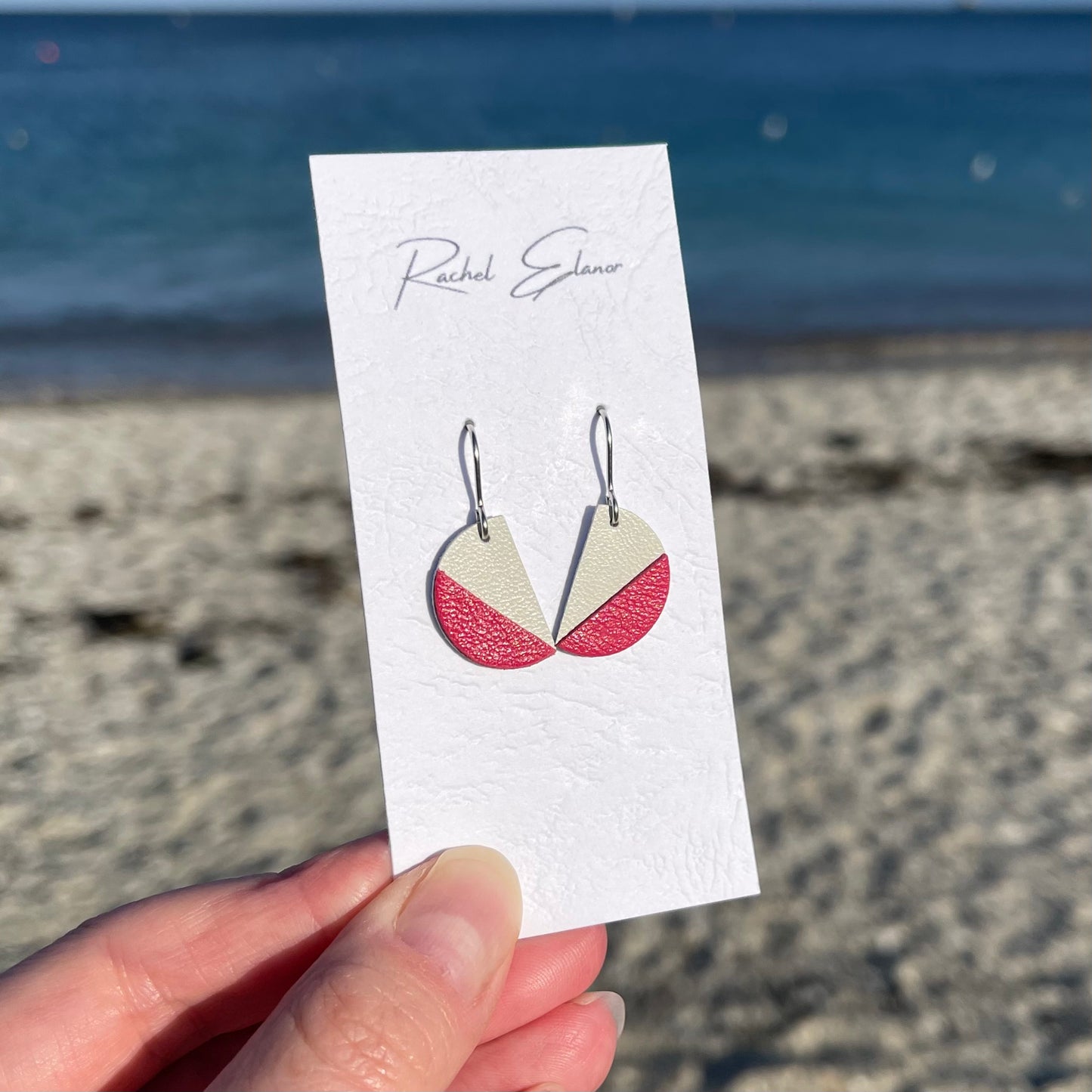 Pink/White Leather Semi Circle Drop Earrings