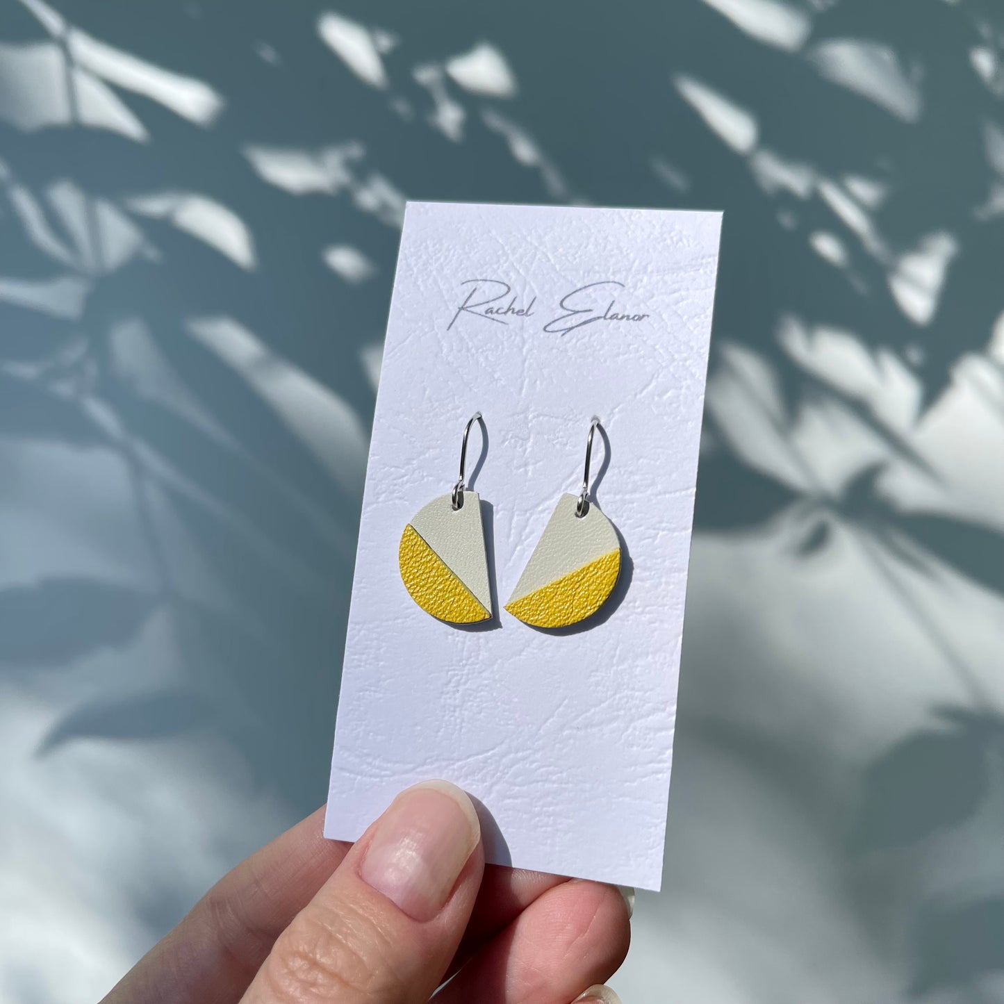 Yellow/White Leather Semi Circle Drop Earrings
