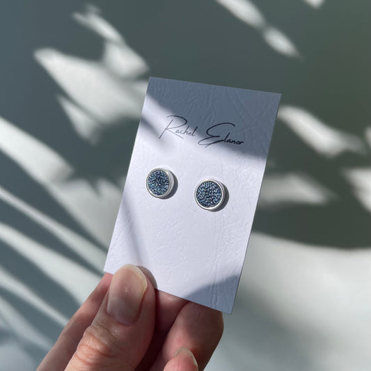 Pearlescent Blue Leather Stud Earrings