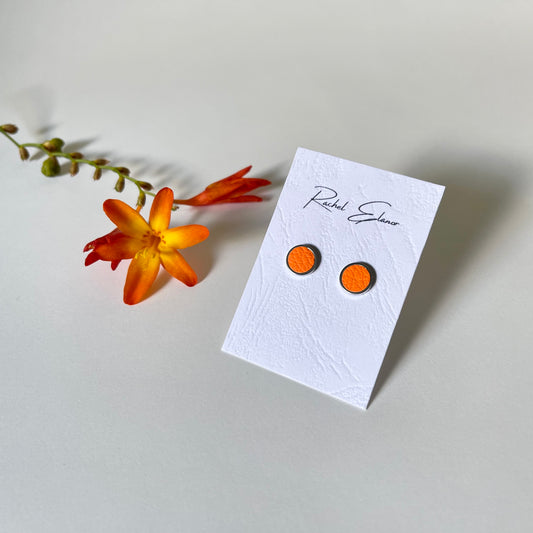 Bright Fluro Orange Leather Stud Earrings