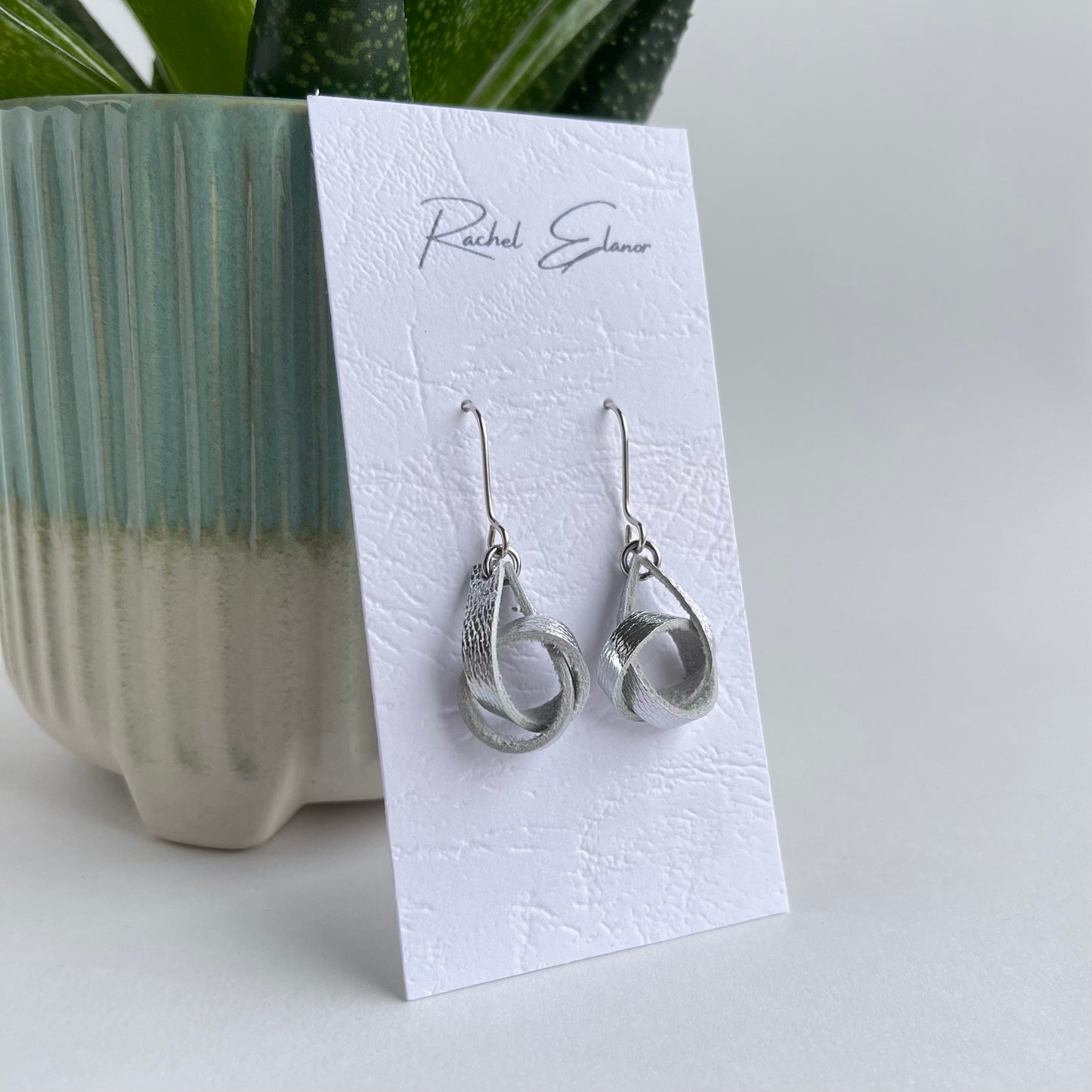 Silver Metallic Knotted Leather Earrings