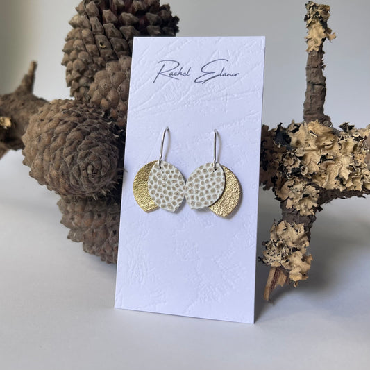 Gold and White Petal Leather Earrings