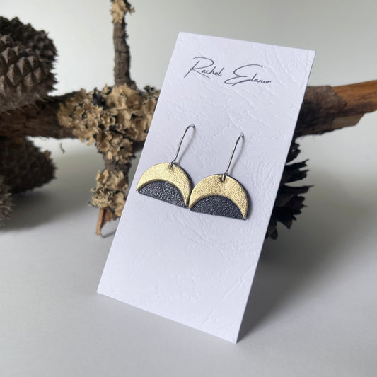 Navy and Gold Crescent Leather Earrings