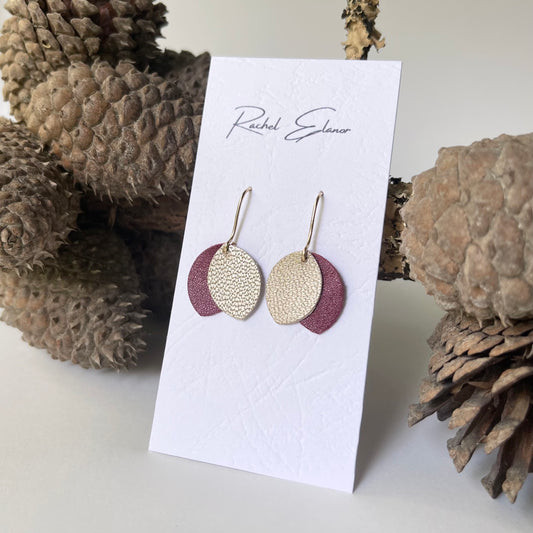 Grape and Gold Petal Leather Earrings