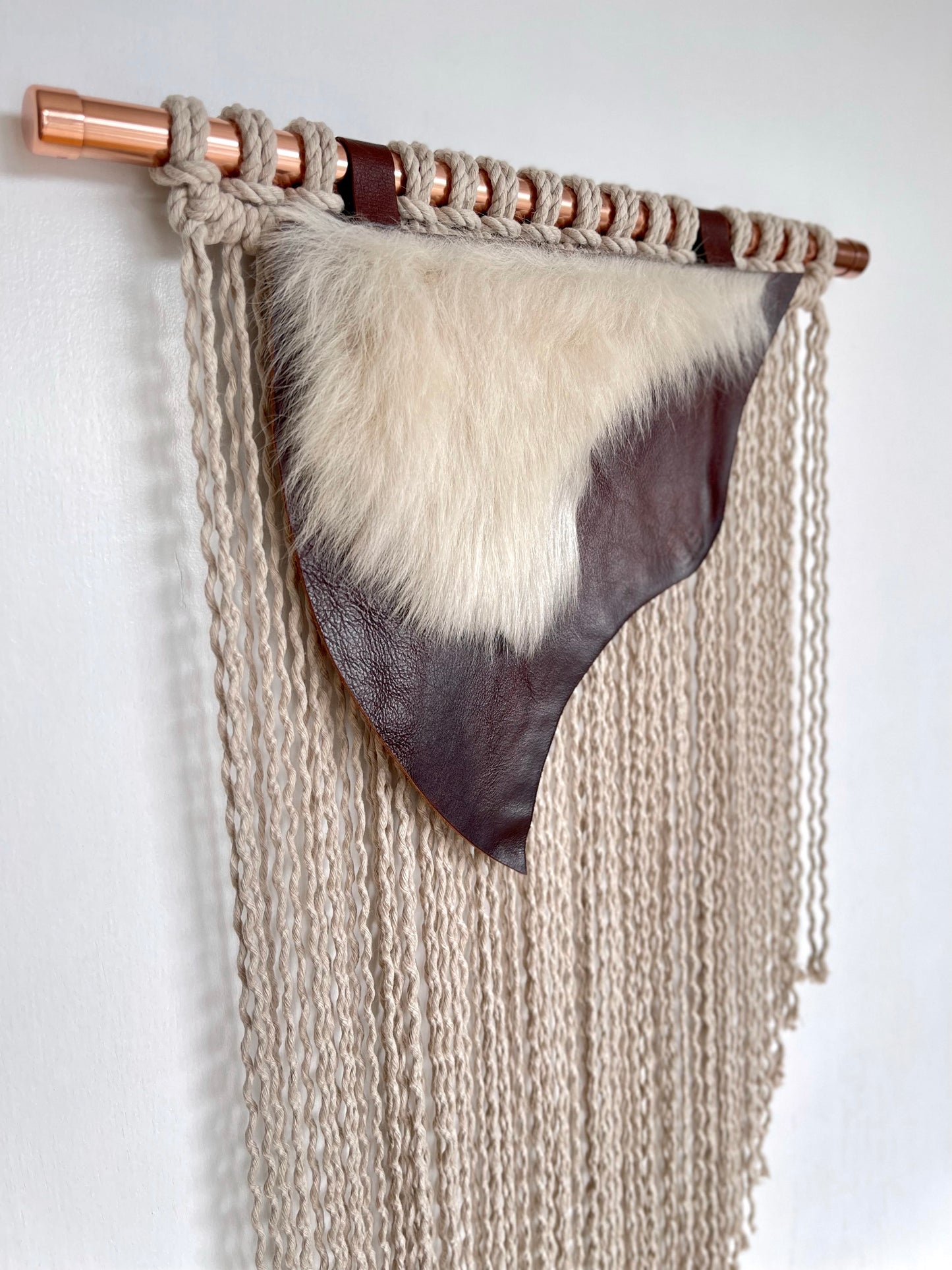 Handmade beige ivory leather sheepskin cotton cord wall hanging