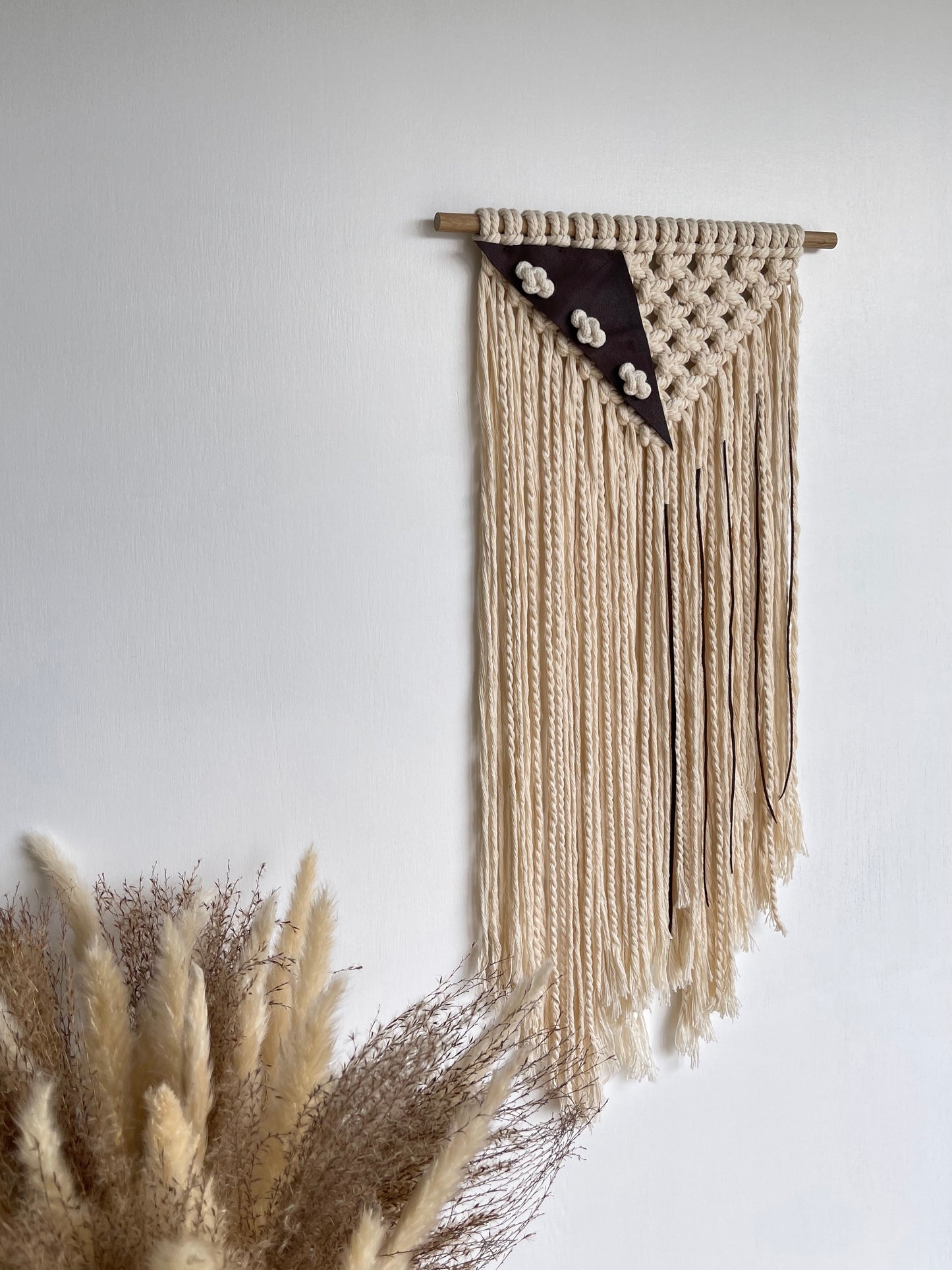 Handmade cream brown macrame leather fibre art wall hanging