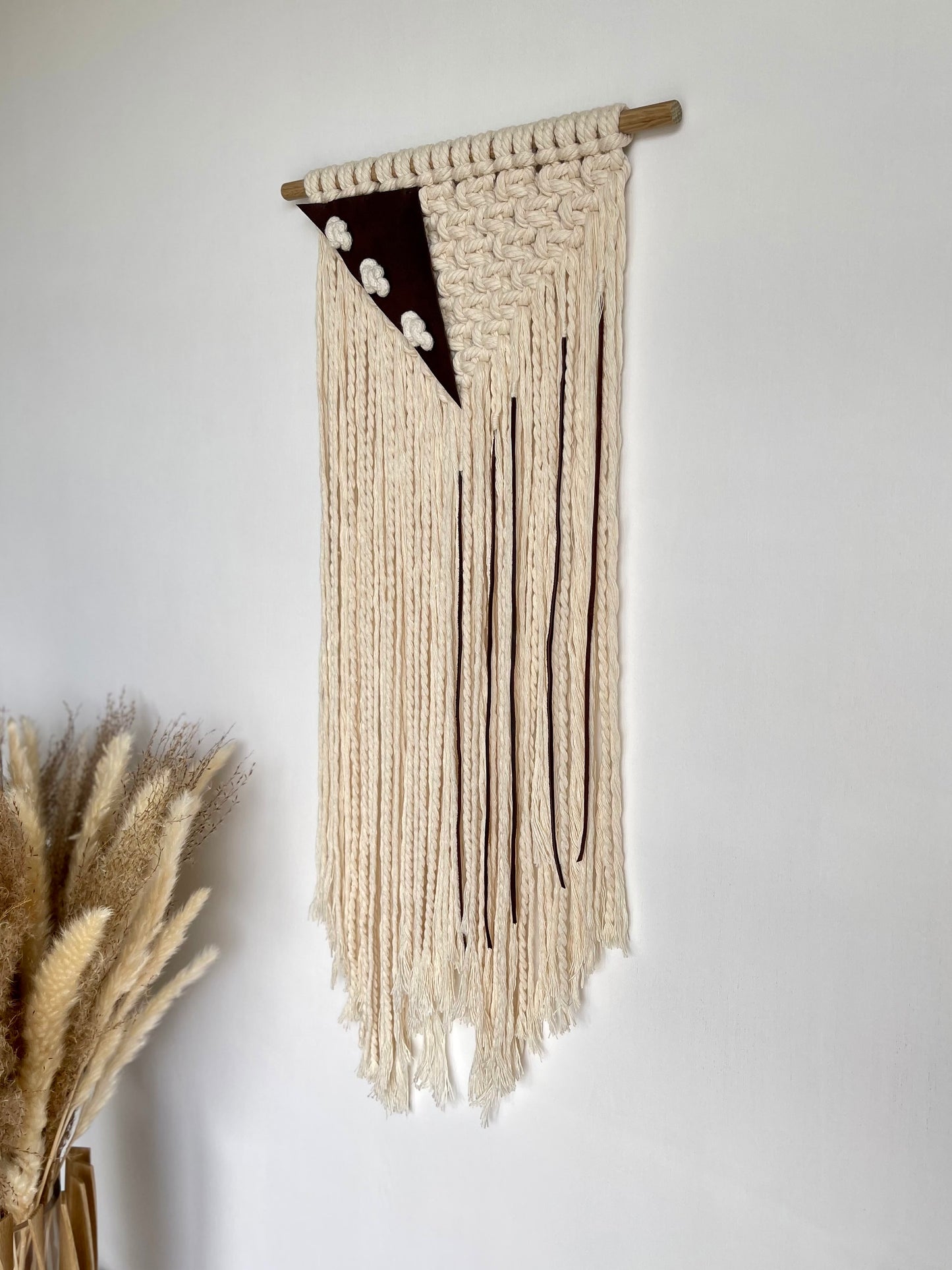 Handmade cream brown macrame leather fibre art wall hanging