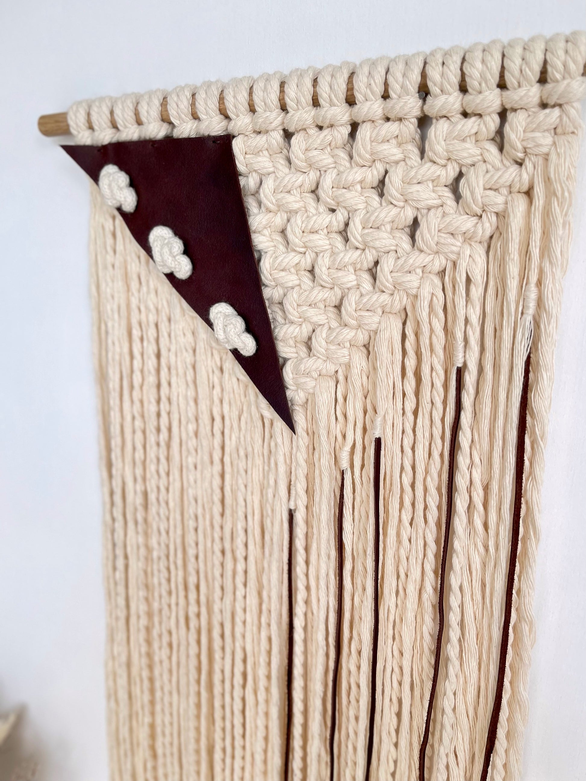 Handmade cream brown macrame leather fibre art wall hanging