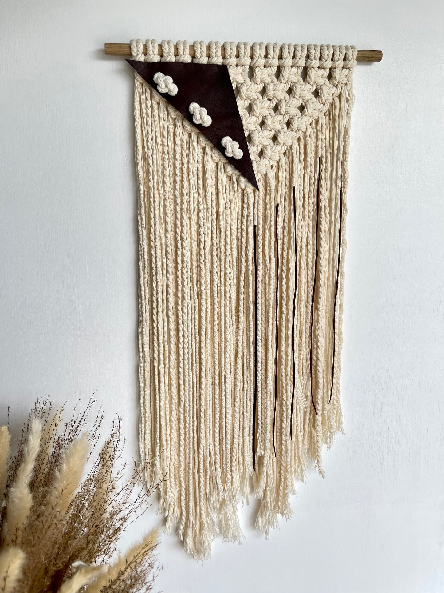 Handmade cream brown macrame leather fibre art wall hanging