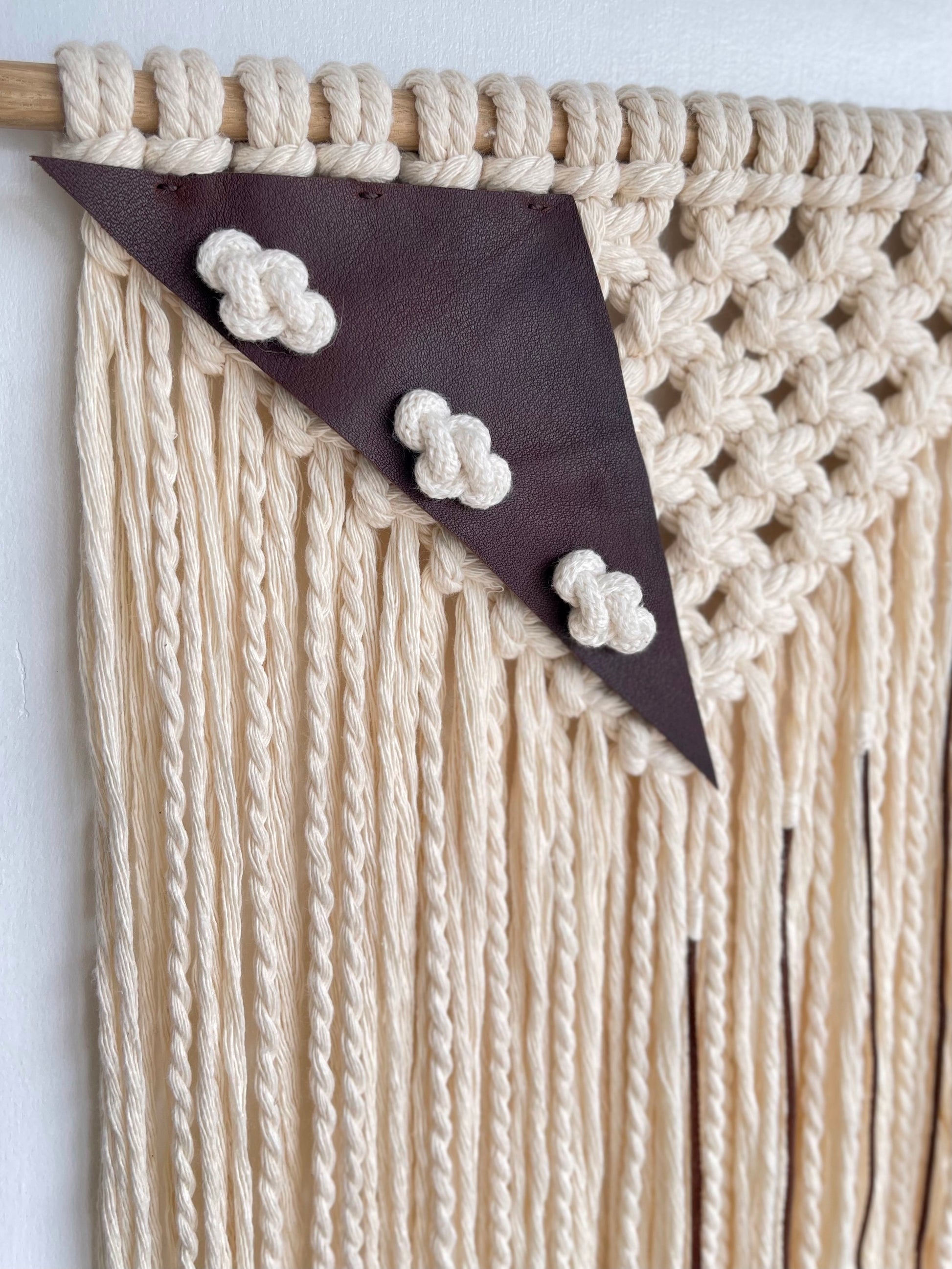 Handmade cream brown macrame leather fibre art wall hanging