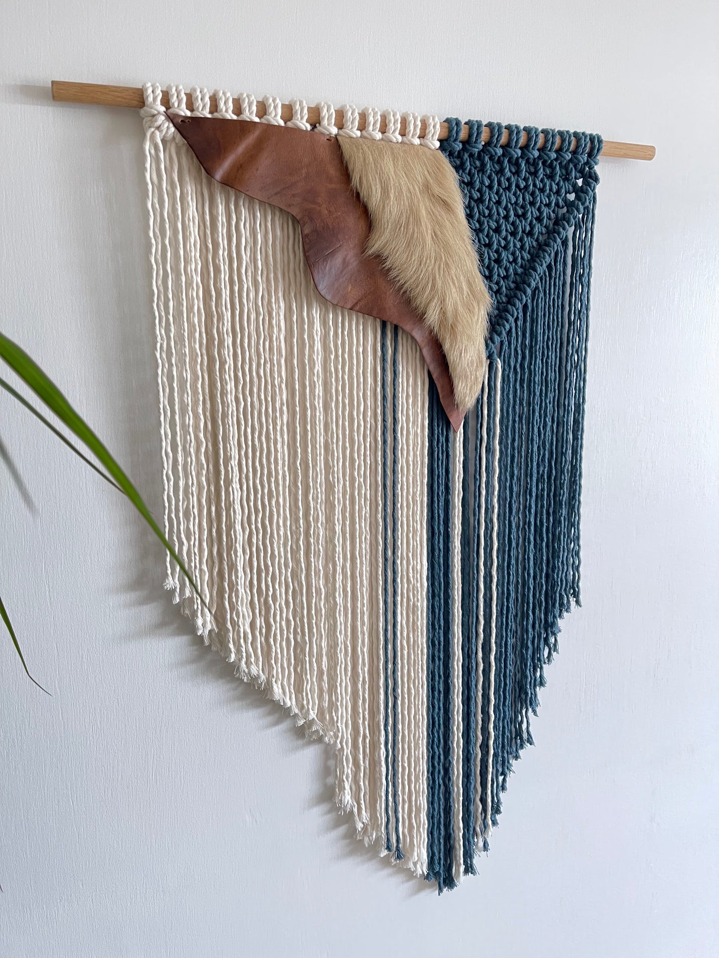Large handmade cotton cord leather fibre art wall hanging