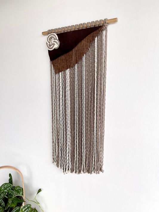 Handmade brown cream cotton cord leather fibre art wall hanging