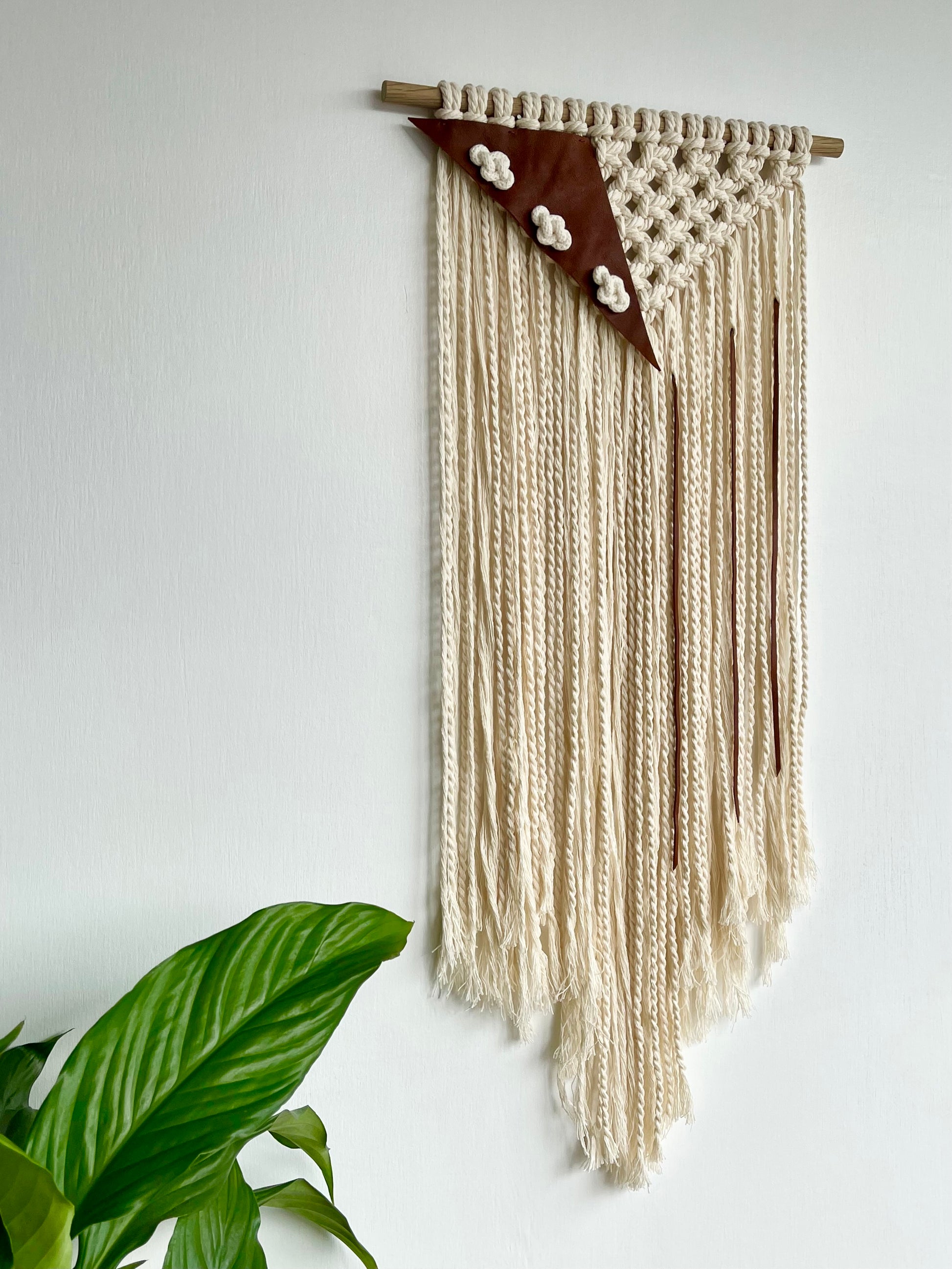 Handmade macrame leather fibre art wall hanging