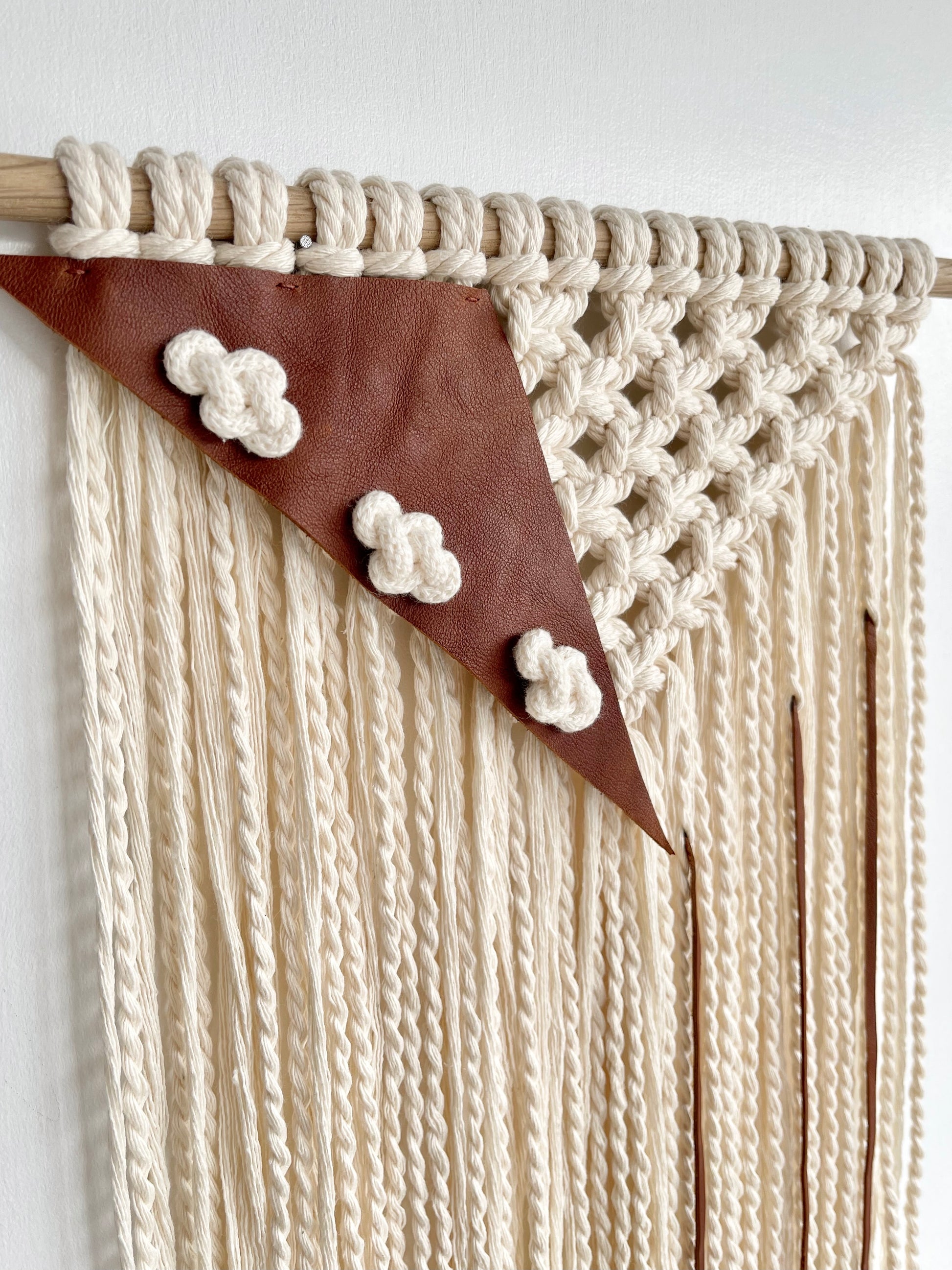 Handmade macrame leather fibre art wall hanging