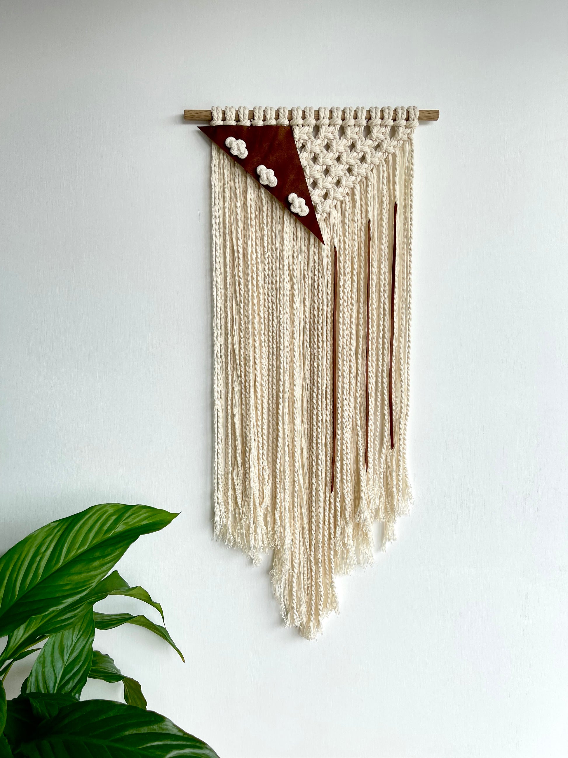 Handmade macrame leather fibre art wall hanging