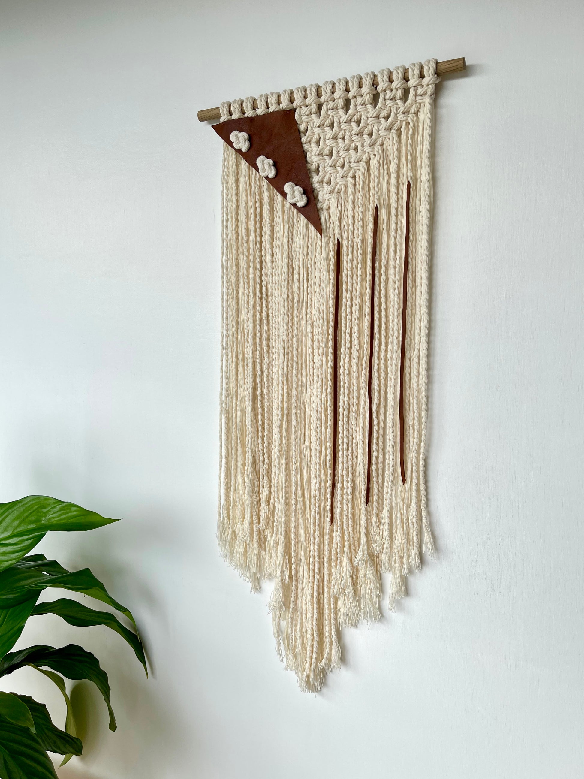 Handmade macrame leather fibre art wall hanging