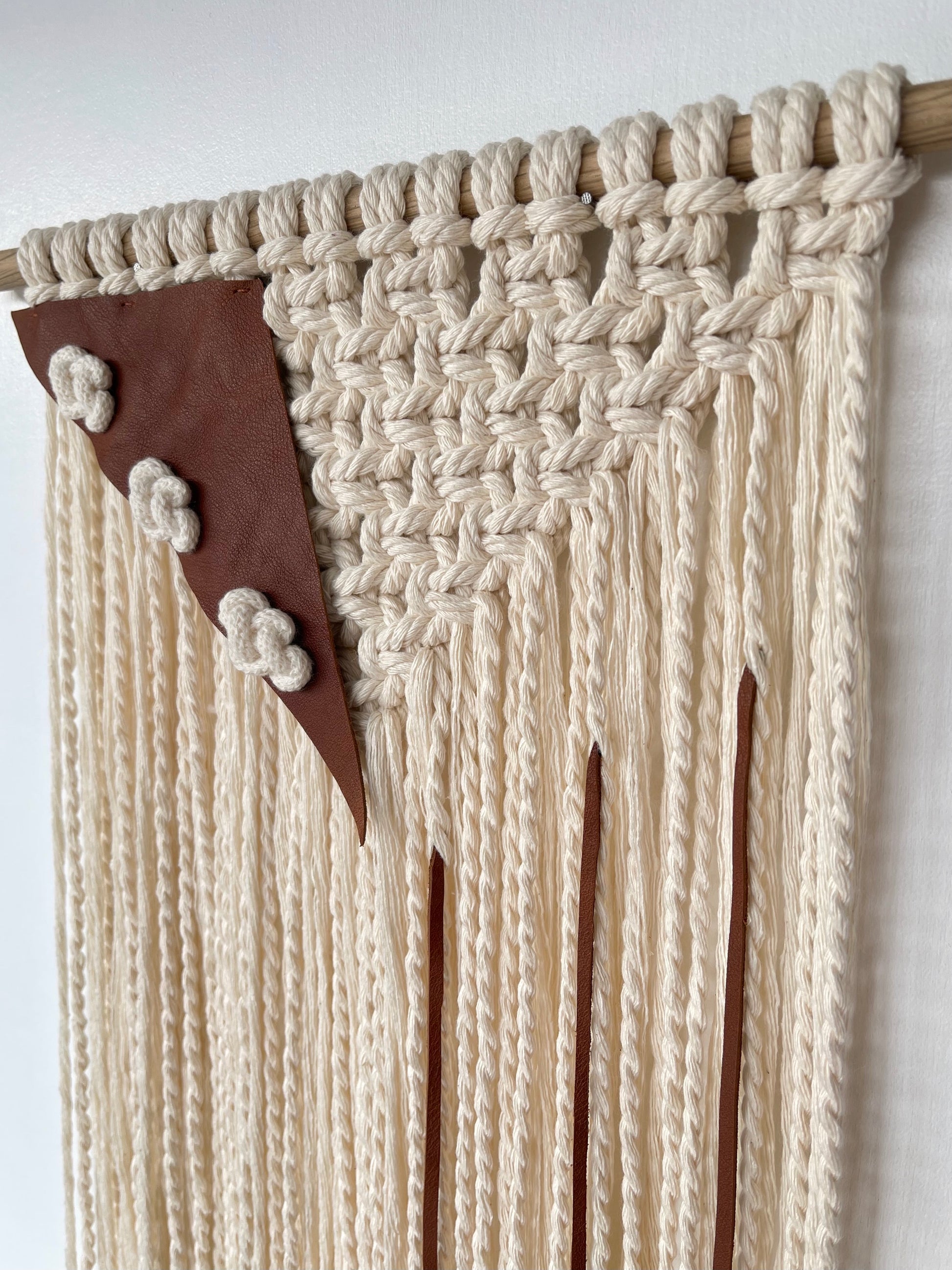 Handmade macrame leather fibre art wall hanging