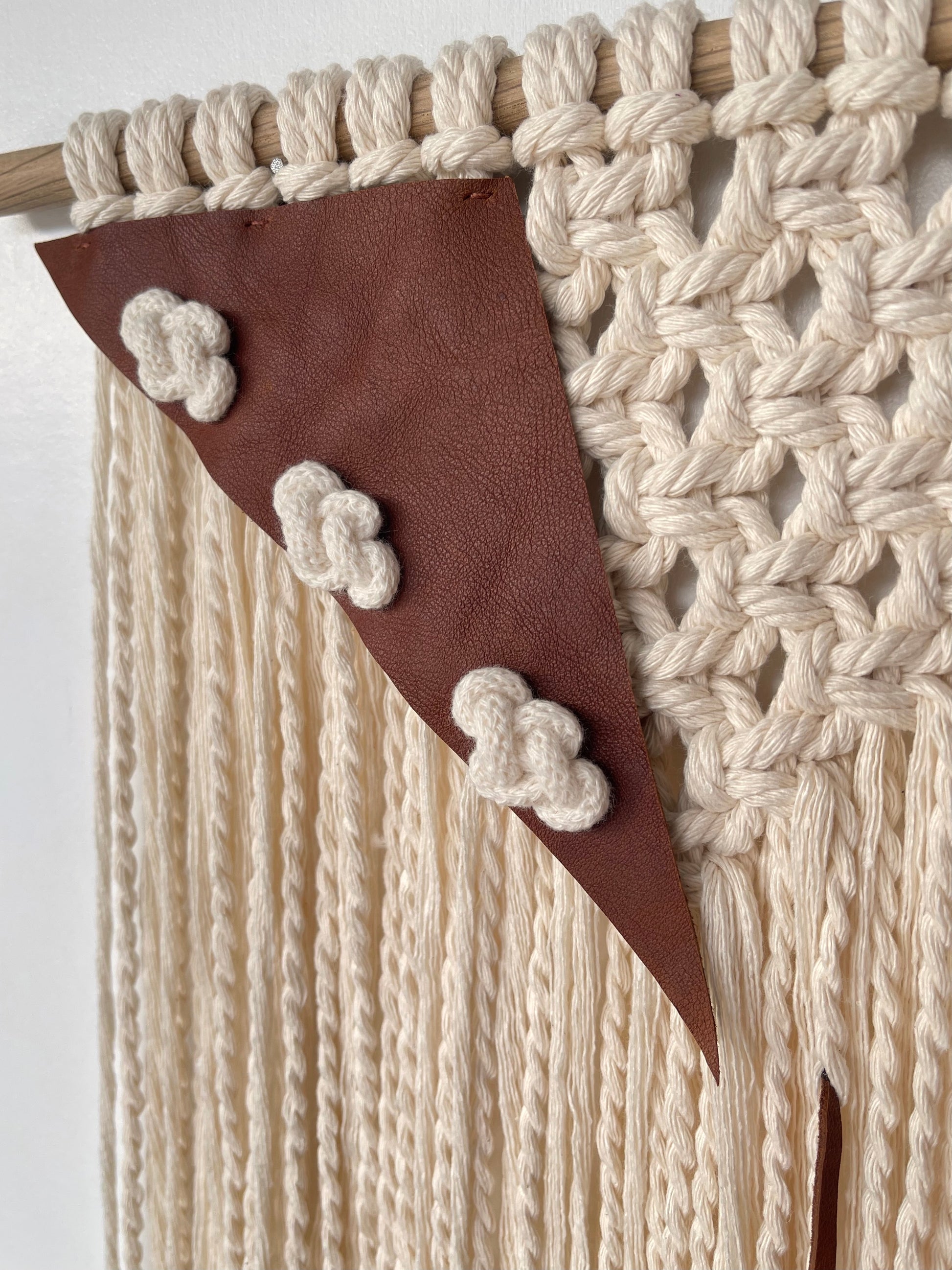 Handmade macrame leather fibre art wall hanging